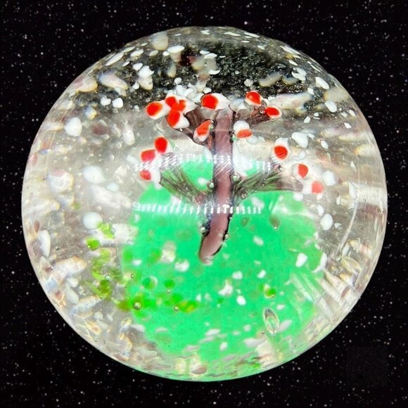 Vintage Art Glass Paperweight Cherry Tree w White Dots Round Sphere Glass 2.5”W - Picture 1 of 12